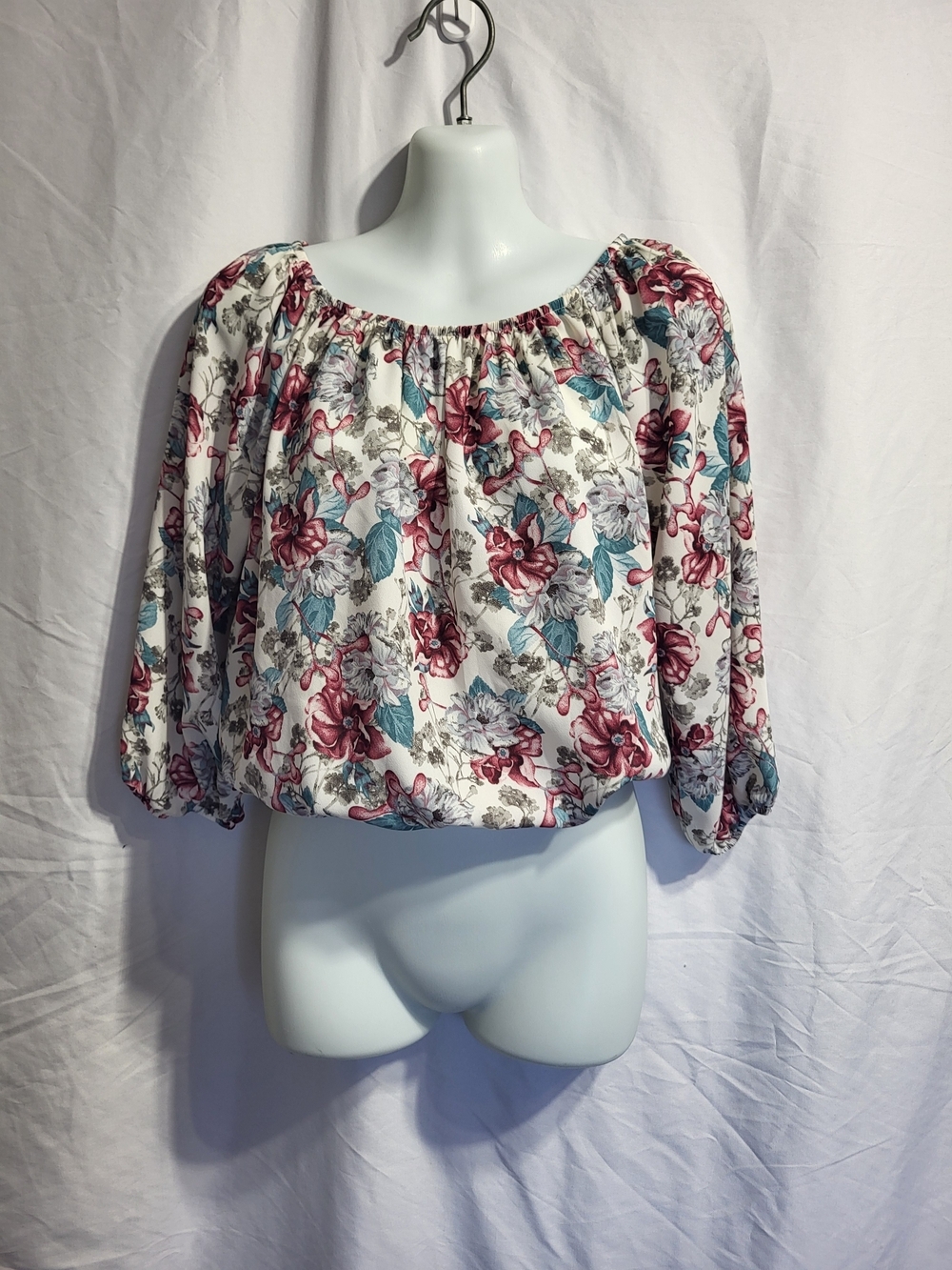 Revamped White Off-Shoulder Floral Blouse with Rose and Teal Accents, Size Small
